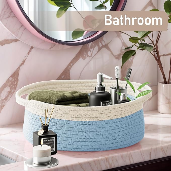 Woven Basket,Small Rope Storage Bin with Handles & Ribbon Bag, Organizer for Shelves Closets,Gift Basket Empty for Birthday,Books,Dog Toys, White&Blue