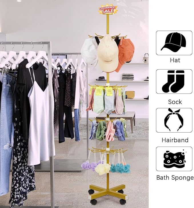 Retail Display Stand 5 Tier Metal Spinning Display Rack with Wheels Keychain Jewelry Stocking Hat Display Stand with Hooks for Malls, Showroom, Retail Store (Gold)
