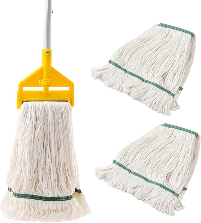 Commercial Heavy Duty Industrial Mop with Long Handle,59" Looped-End String Wet Cotton Mops for Floor Cleaning, Including Three mop Head Replacement
