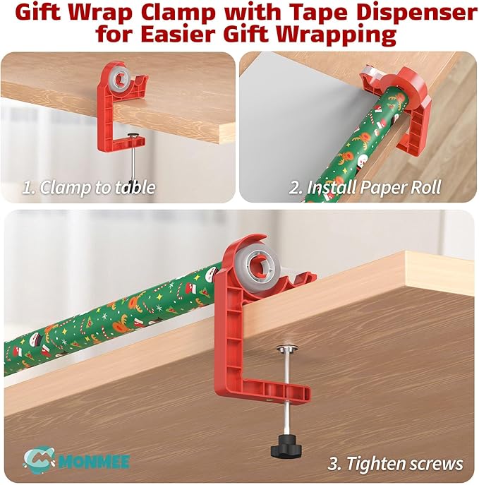 Tabletop Gift Wrapping Tool with Tape Dispenser–2 Pack Adjustable Wrapping Paper Table Clamps with 2 Tapes–Perfect for Christmas, Holidays, and Crafting