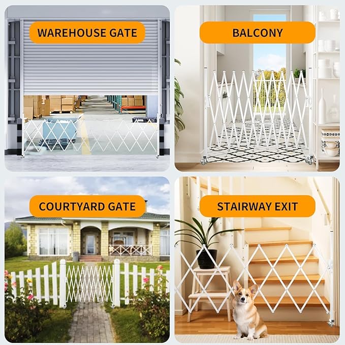 Expandable Barricade Gate,129” Metal Safety Barrier Gate with Casters,Accordion Garden Yard Outdoor Indoor Fence Folding Security Dog Gates Wall Mount,White