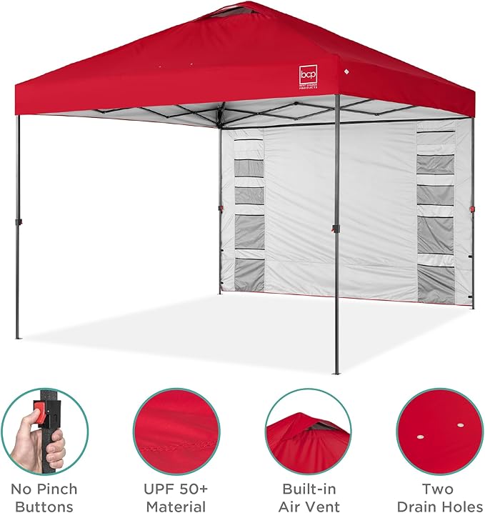 Best Choice Products 10x10ft Easy Pop Up Canopy w/Side Wall, 10 Pockets, Portable Carrying Case, 1-Button Setup, 4 Weight Bags - Red