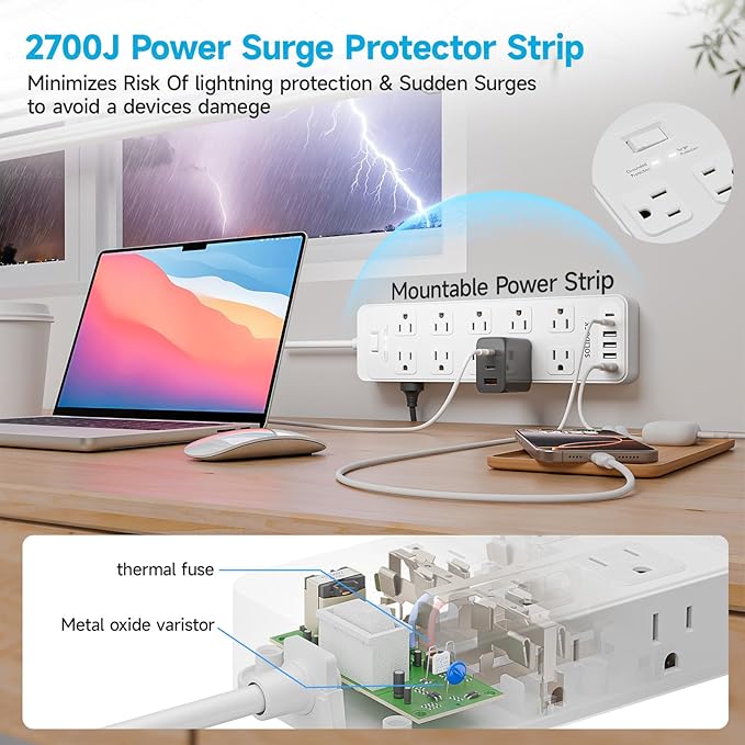 Power Strip Surge Protector Flat Plug with 20 AC Outlets 6 USB Chagring Ports, 1875W/15A, 2700J, 10 Ft Heavy Duty Extension Cord for Home, Office, Dorm, Gaming,ETL Listed (White, 10FT)