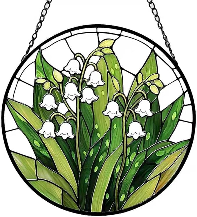 Stained Glass Window Hanging, Lily of The Valley Flower Sun Catcher Glass Panel with Metal Chain, 7.88’’ Indoor/Outdoor Art Decor for Home Garden, Birthday, Christmas
