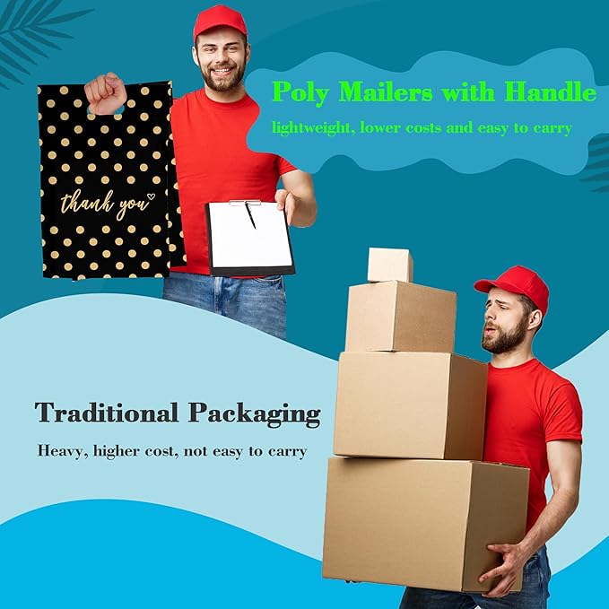 JinRuiKJ Poly Mailers with Handle 12x15.5 Inch 50 Pcs, Easy to Carry Packaging Bags for Small Business, Thank You Shipping Bags with Self Adhesive Strip, Tearproof and Waterproof - Gold Polka Dot
