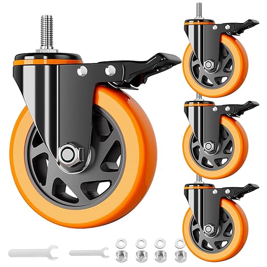 Stem Caster Wheels 4 Inch Heavy Duty Threaded Stem Casters UNC 3/8"-16 x 1 Swivel Casters Set of 4 with Safety Dual Locking Wheel for Furniture and Cart