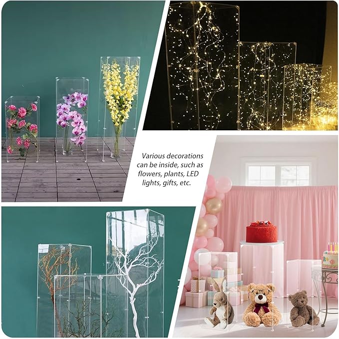 Vincidern 6pcs Acrylic Pedestal Stand for Party, Clear Lucite Square Display Pedestal for Flowers, Sculptures, Cake, Wedding, Events, Art Gallery, Party Decor 31.5*11.8''(2*L), 27.6*11.2''(2*M), 23.6*10.2''(2*S)