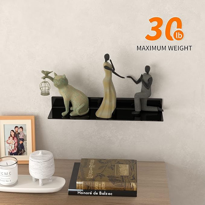 24 Inches Acrylic Wall Shelves 2 Pack, Floating Shelf for Wall Mounting, Acrylic Display Ledges for Funko Pop Figures, Home Décor, Living Room, Gaming Room, Plants(24 inch, Black)