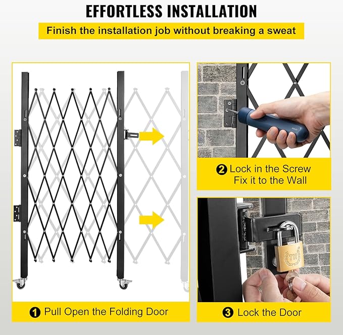 VEVOR Single Folding Security Gate, 51.57" H x 42" W Folding Door Gate, Steel Accordion Security Gate, Flexible Expanding Security Gate, 360° Rolling Barricade Gate, Scissor Gate or Door with Padlock