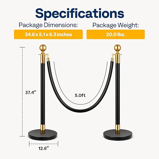 VIVOHOME Heavy Duty Iron Stanchion Post Queue 4PCS Pole w/ 2 Black Velvet Ropes, Crowd Control Barriers w/Fillable Base for High-end Venues, Museums, Party Supplies (4 Pieces, Black and Golden)