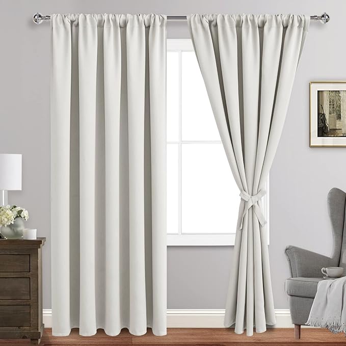 JIUZHEN Blackout Curtains for Bedroom - Thermal Insulated Room Darkening Noise Reducing, 70 x 96 Inch Length Curtains for Living Room, Set of 2 Panels with Tiebacks,Ivory