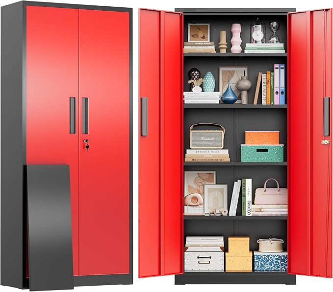 Greenvelly Metal Storage Cabinet, 63" H Locking Metal Storage Cabinet with Doors and 4 Shelves, Lockable Steel Cabinets for Kitchen, Bedroom, Living Room, Office (Red)