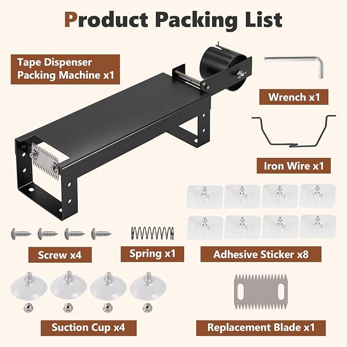 Desktop Packing Tape Dispenser with Dual-Sided Cutter for 2.36" Wide Tape (3" Core), Commercial Black Tape Cutting Machine with Suction Cups for Packaging, Shipping, Moving