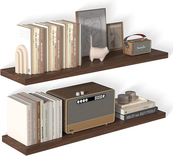 12 Inch Deep Floating Shelves for Wall 2 Pack Floating Shelfs Large Storage Space Wall Decor Display Shelf for Bathroom Living Room Bedroom Kitchen 48" W x 12" D x 1.2" H Walnut