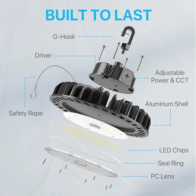 HYPERLITE 4Pack LED UFO High Bay Lights 100W 14,500LM (145lm/w) 5000K 1-10V Dimmable 5' Cable with 110V Plug Hanging Hook Safe Rope UL Listed for Barn Workshop Warehouse Residential