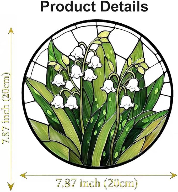 Stained Glass Window Hanging, Lily of The Valley Flower Sun Catcher Glass Panel with Metal Chain, 7.88’’ Indoor/Outdoor Art Decor for Home Garden, Birthday, Christmas