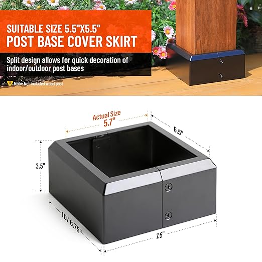 6"x6" (Actual: 5.5"x5.5") Deck Post Base Cover Split, Aluminum Post Base Trim Skirt Decorative Black 2Pack