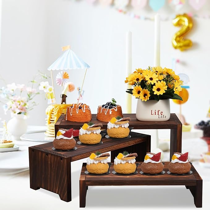 3-Tier Wooden Cupcake Stand & Display Risers, for Food Desserts & More, Sturdy & Reusable