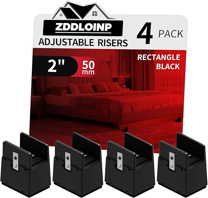 Bed Risers with Adjustable Screw Clamp, Fits Furniture Frame from 0 to 1.5 Inch, Furniture Risers 2 Inch Heavy Duty Risers for Square Round Straight Furniture Legs Support up to 5000Ibs (4Pack, Black)