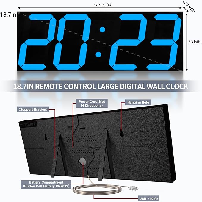 18.7in Large Digital Wall Clock,LED Digital Clock with Big Number,Multi-Function Remote Controlled Wall Clock with Timer, Alarm and Calendar Display(Blue)