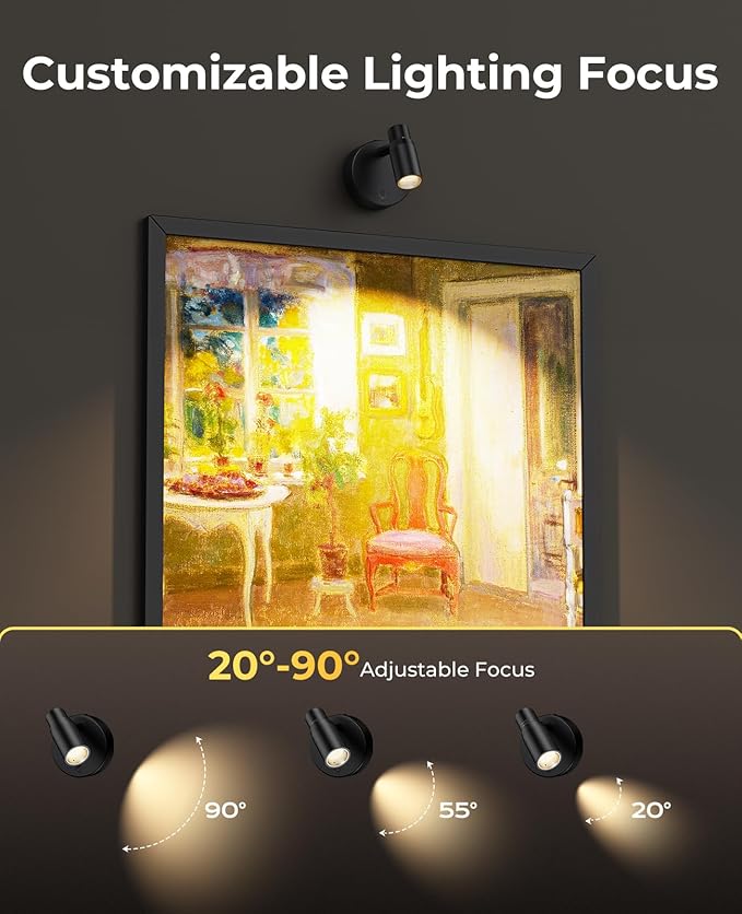 PESUTEN Spot Lights Indoor, Rechargeable Picture Light with Remote, Dimmable CCT Spotlight for Wall Art, 6000mAh Battery Uplights Indoor with Timer for Plant Artwork Painting Sofa Corner Black