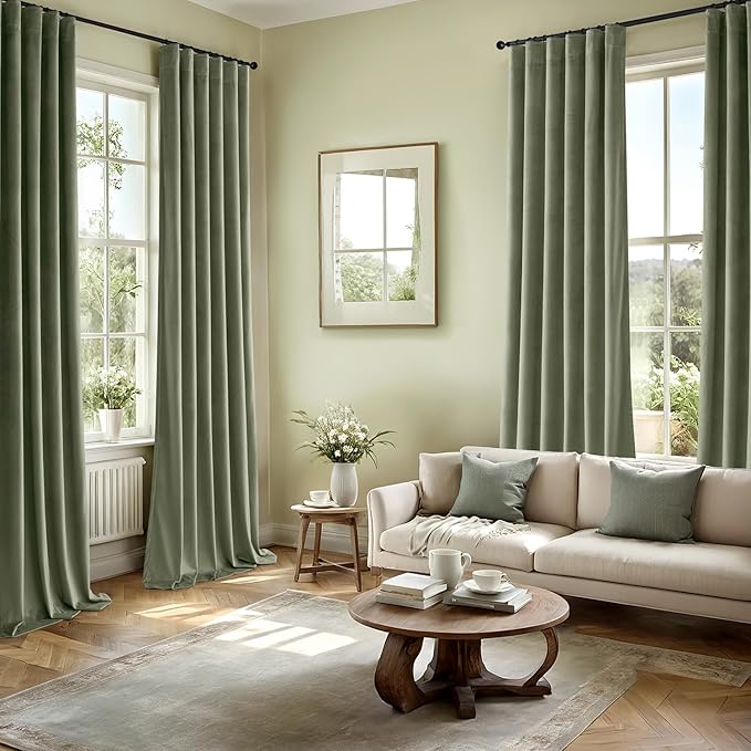 MIULEE Sage Green Velvet Curtains 108 Inch Length 2 Panels Set for Bedroom, Pinch Pleat Back Tab Luxury Thermal Insulated Living Room Darkening Pleated Blackout Extra Long Window Curtain with Hooks