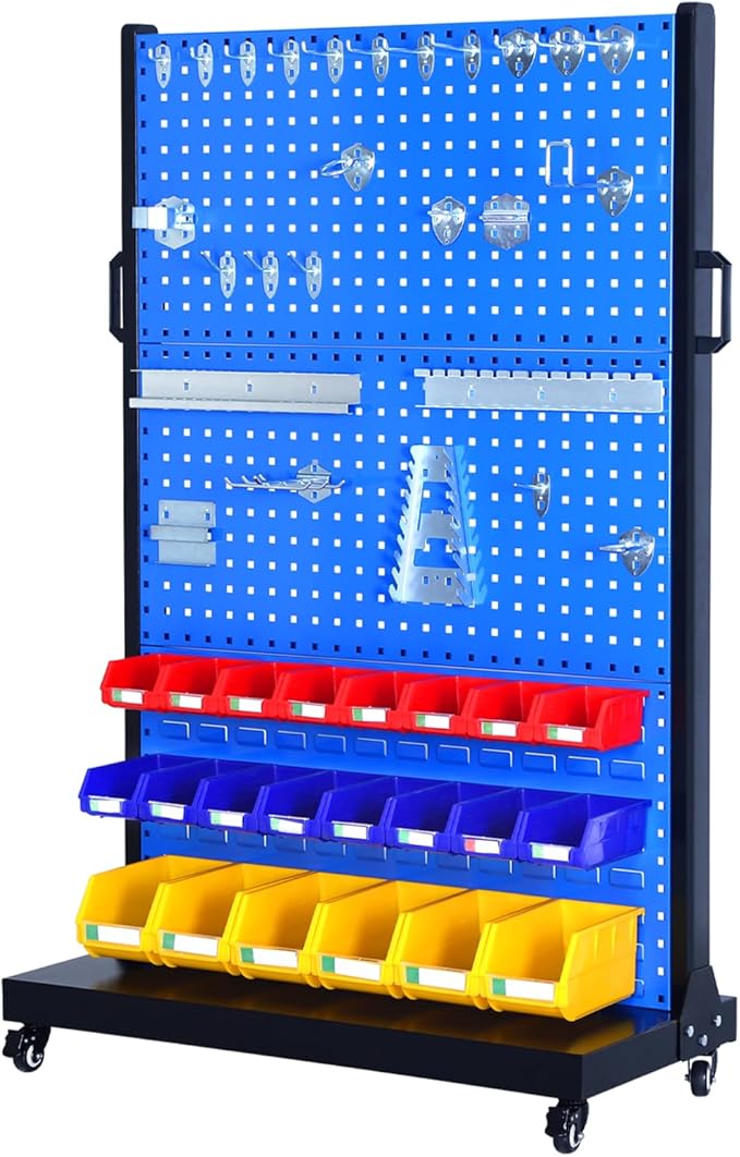 Heavy Duty Metal Shelving Unit, Mobile Garage Storage Rack with Adjustable Shelves, Tool Hooks & Organizer Bins for Screw, Bolt & Parts Organization