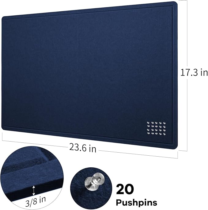 Bulletin Board, 24 x 18 inches Felt Board Decorative Pin Board, Cork Board Alternative for Wall, Foldable Photo Board Self-Adhesive Vision Board with 20 Pushpins - Dark Blue