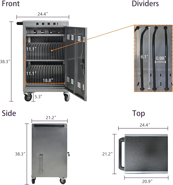 Laptop and Tablet Charging Cart, 35 Unit Device Mobile Charging Station for Chromebook, Tablet, Laptop, with Charging Port Screen Size Up to 16.3", Suitable for Office, Classroom, etc (Silver)