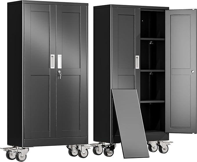 61" H Metal Garage Storage Cabinet, Rolling Tool Cabinet with 2 Doors and Wheels, Locker Steel Cabinet with 3 Adjustable Shelves, Organization Cabinet for Garage,Office,Home,Gym,School（Black）