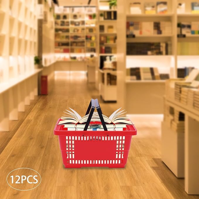 12PCS Red Plastic Shopping Baskets with Handles, Portable Retail Grocery Baskets with Handles, 21L Hand Shopping Baskets Set for Stores, Supermarket, Retail, Groceries Shopping Carrying