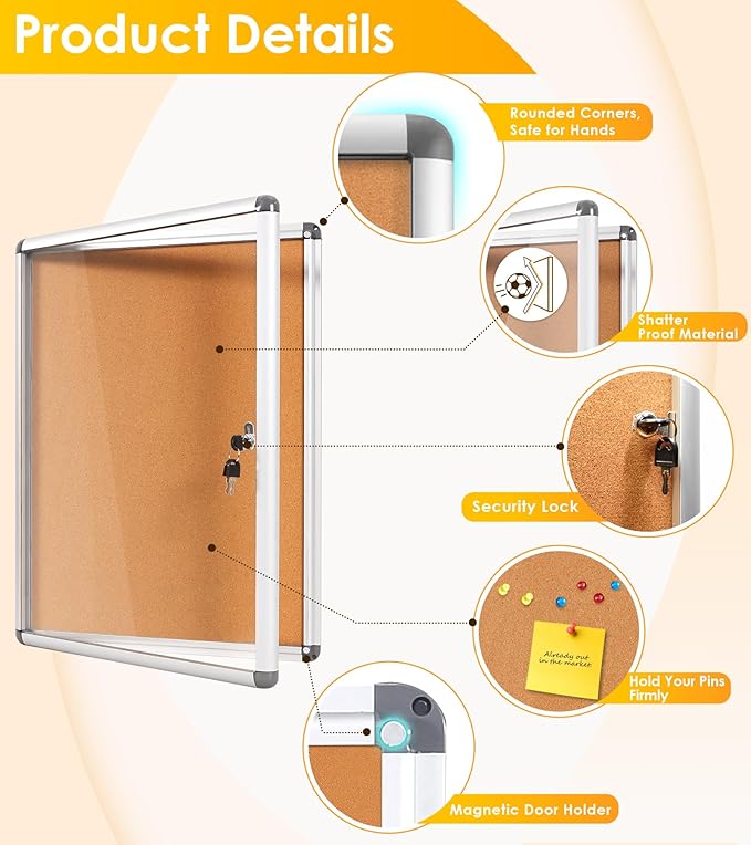 SWANCROWN Enclosed Bulletin Cork Board 24x18 in, Lockable Bulletin Board Tamperproof Wall Display Case for Office School Trade Community, Aluminum Frame
