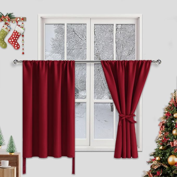 JIUZHEN Short Blackout Curtains for Small Window - Cafe Room Darkening Privacy Thermal Insulated Half Window Curtains Tiers for Bathroom,Kitchen, W 42 x L 36, Set of 2 Panels with Tiebacks, Red