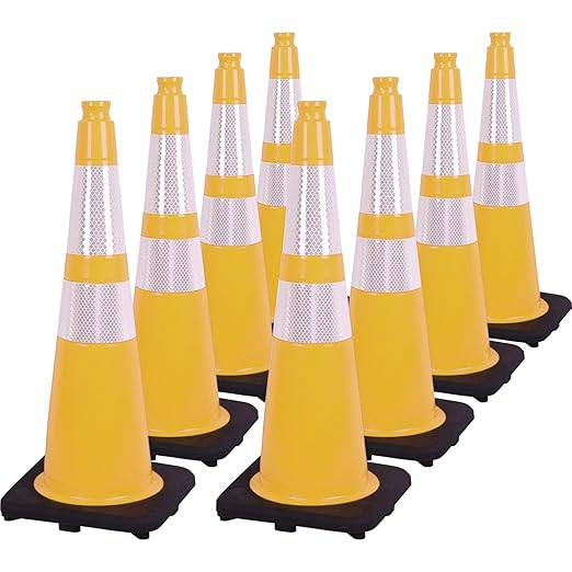 Fluorescent Orange/Green PVC Traffic Cones, Heavy Black Base Parking Lot Cone Structurally Stable Weatherproof Road Construction Safety Cones (8, Yellow, 28" Large)