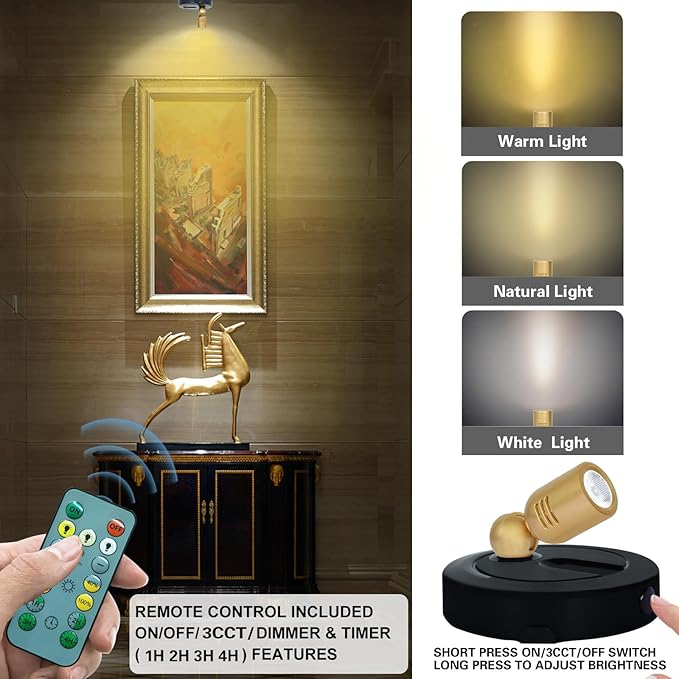 Rechargeable LED Spotlight, 3 Lighting Modes Battery Powered Indoor Spotlights with Remote, Uplighting for Trees Plants, Dimmable Timer Picture Spot Light for Wall Artwork-2Pack