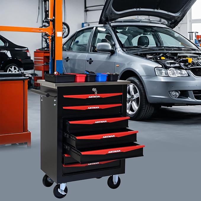 7 Drawer Rolling Tool Chest with Locker, 22.2" D Metal Movable Lockable Tool Cart Box Multi-Functional Hardware Storage Cabinet Box for Warehouse Basement Home Pantry Garage