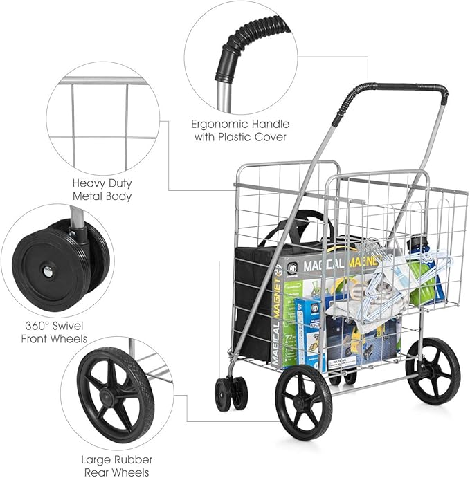 Goplus Jumbo Folding Shopping Cart with Rolling Swivel Wheels, Foldable Grocery Cart on Wheels with Double Basket, Heavy Duty Utility Cart, Shopping Carts for Groceries Laundry Book Luggage Travel