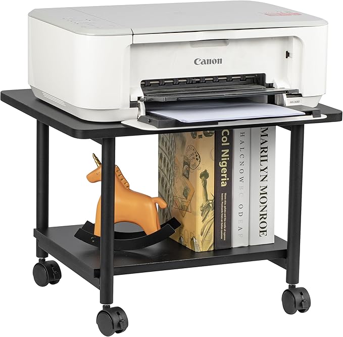 Under Desk Printer Stand - 2-Tier Industrial Mobile Printer Table with Storage Shelf, Heavy Duty Wood Rolling Printer Cart with Wheels for Home and Office,Classic Black