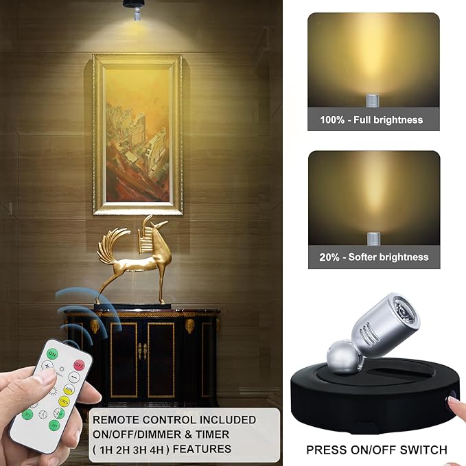 Spotlight Indoor, Battery Powered Spot Lights with Remote, Plant Uplights, Timer Dimmable Tree Spotlights, Picture Light for Wall Art Display Dartboard Painting Artwork Accent-2Pack