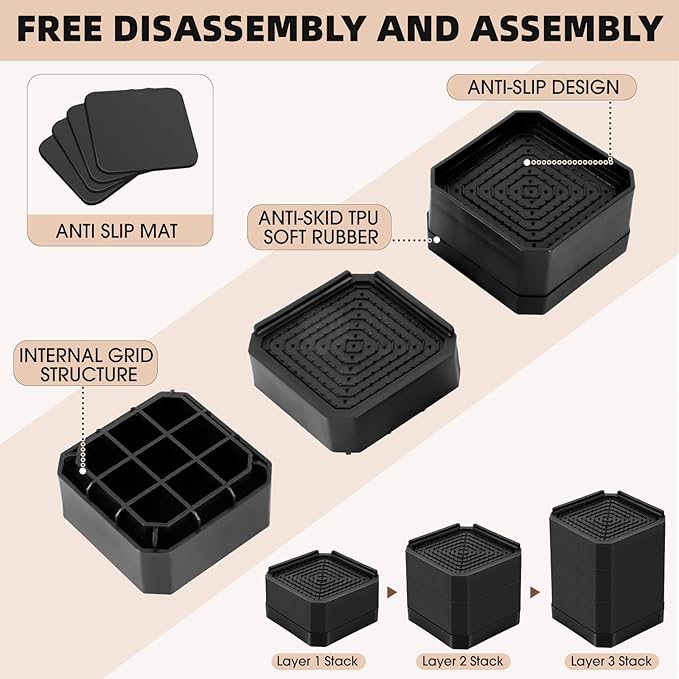 Furniture Risers Bed Risers - Rectangular Adjustable Block Riser for Raising 1.5-3 In. & 4.3 In. Beds, Tables, Sofas, Refrigerators, Washers - Up to 4,000 Pounds (Black, One Layers 1.5inches)