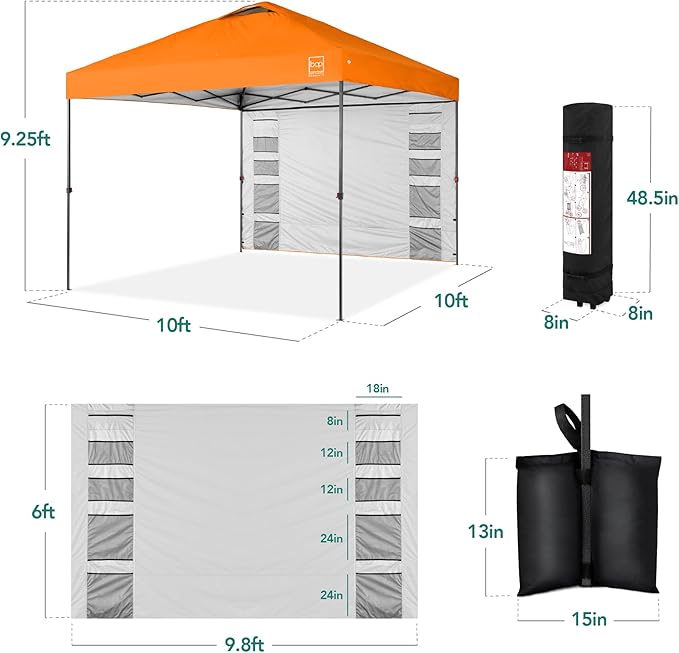 Best Choice Products 10x10ft Easy Pop Up Canopy w/Side Wall, 10 Pockets, Portable Carrying Case, 1-Button Setup, 4 Weight Bags - Orange