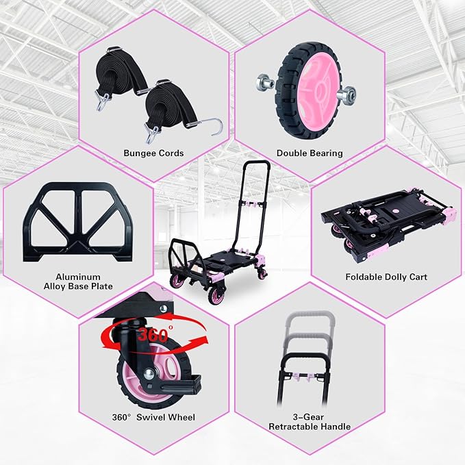 2 in 1 Folding Hand Truck,330LB Folding Dolly Cart with Wheels,Hand Truck Foldable with Telescoping Handle,Collapsible Portable Dolly with 2 Elastic Ropes for Moving(Pink)