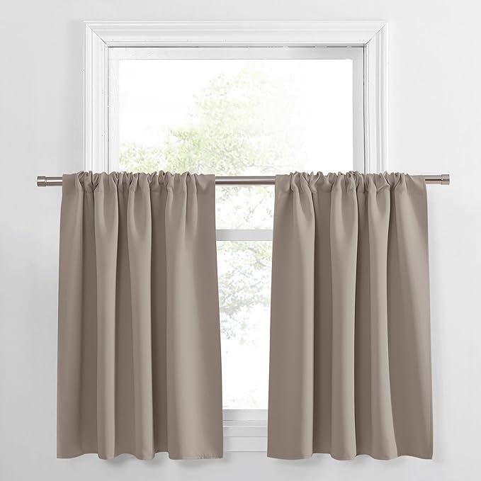 PONY DANCE Blackout Window Curtains - Rod Pocket Window Treatments Curtain Panels/Draperies Room Darkening Noise Reducing Home Fashion, Wide 42 x Long 36 inches, Light Taupe, One Pair