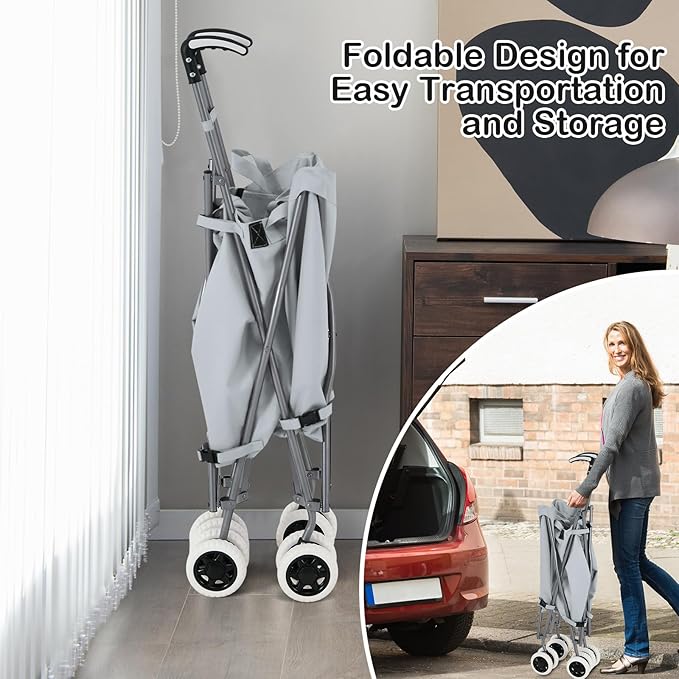Goplus Folding Shopping Cart with Wheels, Grocery Cart with Removable Oxford Cloth Liner, Lightweight Utility Cart for Groceries Laundry, Gray