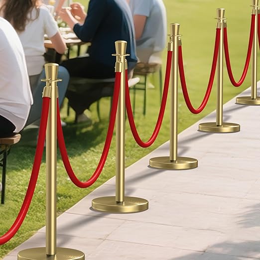 kaiyomi 4Pcs Stanchions with Red Velvet Ropes Set, 5 Feet Velvet Ropes and Posts Poles for Red Carpet Party Decoration and 360° Photo Booth (Golden)