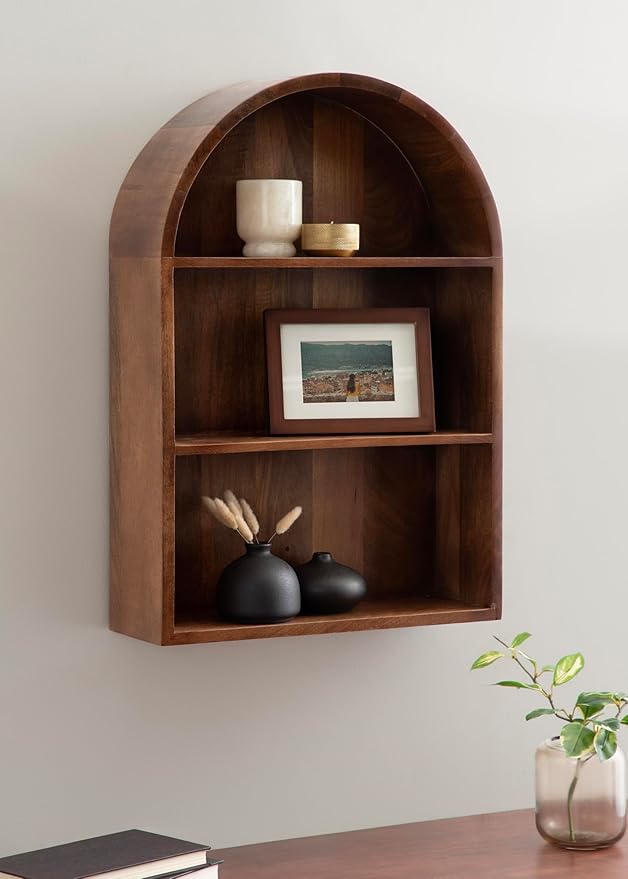 Kate and Laurel Arcott Modern Arched Wall Shelf, 18 x 26, Walnut Brown, Transitional Arch Wall Shelves for Over-The-Toilet Storage or Entryway Storage Shel