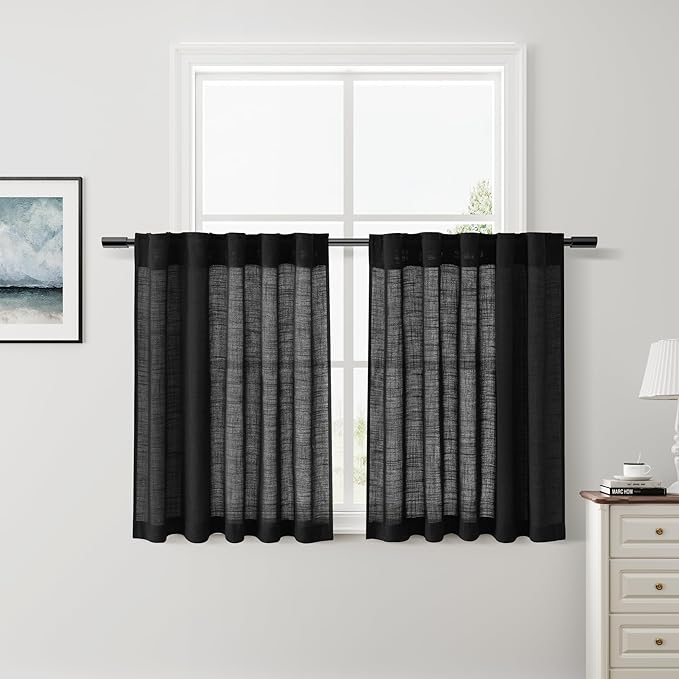 Nanspring Short Linen Cafe Curtains 36 Inch Length for Kitchen Windows Over Sink Black Privacy Semi Sheer Curtains Back Tab Rod Pocket for Bathroom Small Windows Curtain 36x36 Inches, 2 Panels