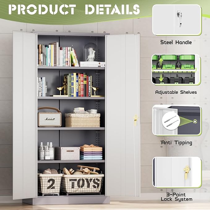 Incbruce 72” Metal Storage Cabinet, Garage Cabinets and Storage System with Doors and Shelves, Tall Lockable Tool Cabinet for Garage, Office, Home (Grey White)