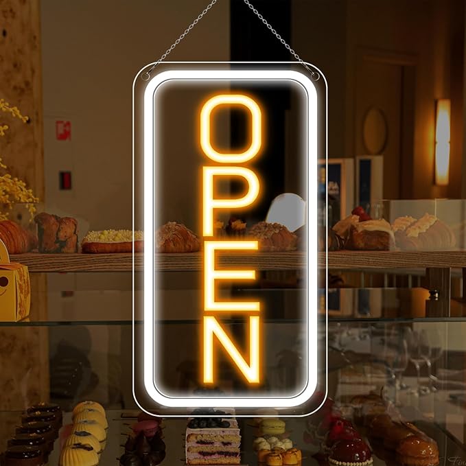 inShareplus 16"x 9" Super Bright Open Sign,12V LED Neon Open Signs for Business for Window, with ON/OFF Switch, Electric Light up Signs for Stores, Restaurants Retail Shops (Yellow-White-Vertical)