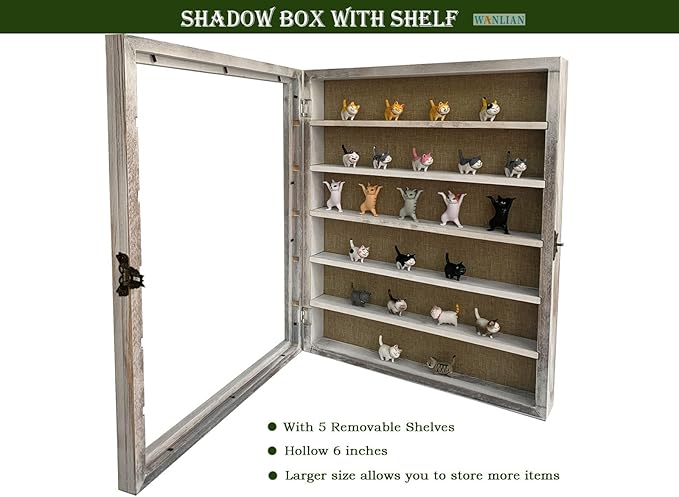 WANLIAN Large Shadow Box with Shelves, 16x20 Wooden Shadow Box Display Cabinet with Acrylic Window ，5 Removable Shelves and Linen Back ，for Displaying Photo Souvenir Collection（Rustic White）